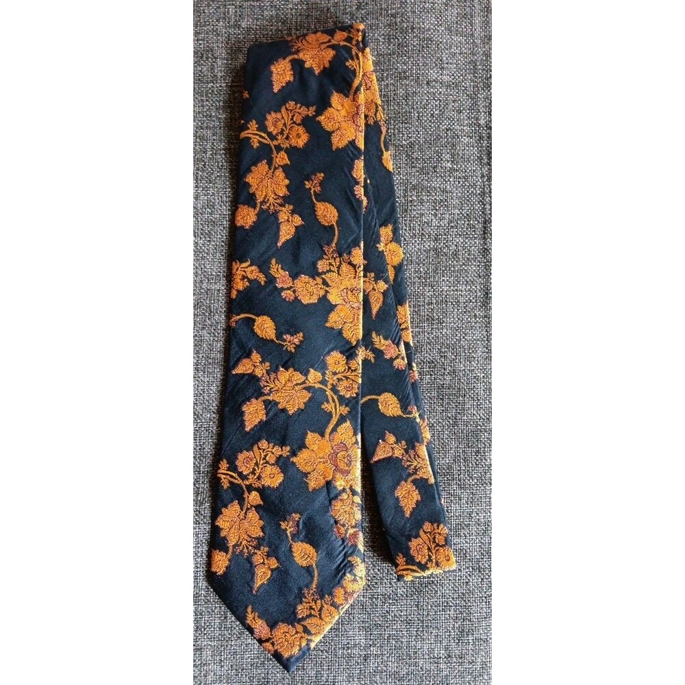 Tie 70s 80s 90s Y2K New Vintage Stock Black Orange Floral 59 Inches